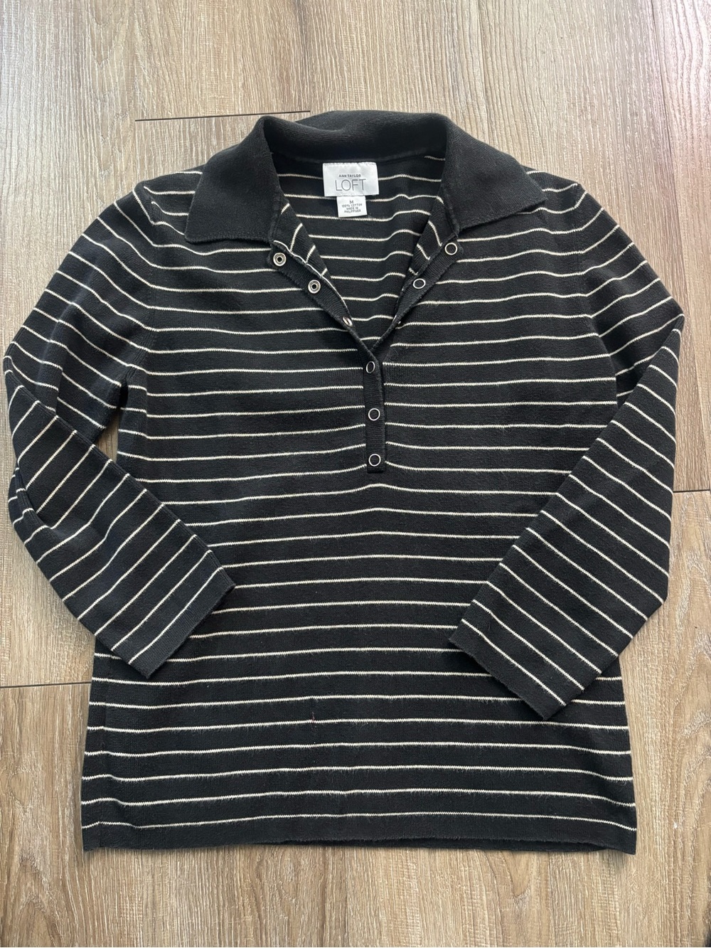 LOFT Black and Ivory Striped V-Neck Polo Sweater